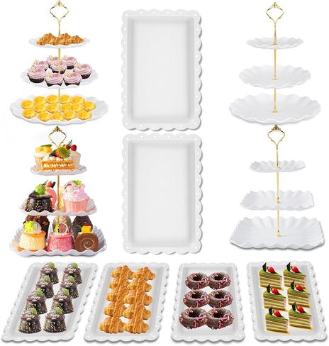 5 Pack Dessert Table Display Set, 2 Sets 3 Tier Cupcake Stand, 3 Pcs Food Serving Trays, Tiered White Plastic Cup Cake Tower for Birthday Baby Shower Wedding and Tea Party Supplies (5, Large) in Saudi Arabia