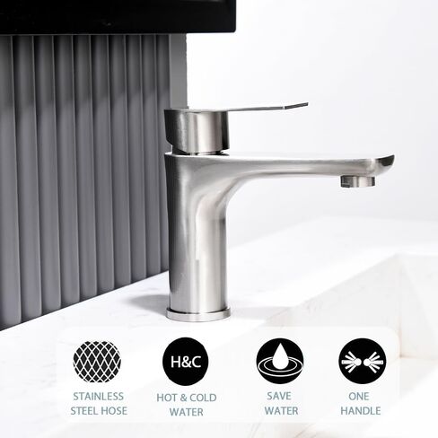Single Hole Bathroom Faucet, Stainless Steel Bathroom Faucets, Brushed Nickel Commercial Bathroom Sink Faucet,Single Handle Bathroom Sink Faucet with Supply Lines, BF019L in Saudi Arabia