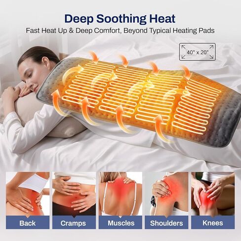 High-Heat Boost & Rapid Heat Up XL Heating Pad 40"x20" for Back/Neck/Shoulder Pain Relief, Full Body Electric Pad for Period Cramps/Sore Muscles, Deep Moist Heat (Summer Night Grey, 40"x20") in Saudi Arabia