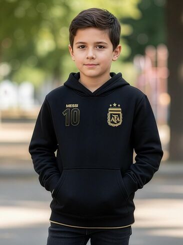 كنزة صوفية Icon Sports Kids Lionel Messi #10 Argentina AFA باللونين الأسود والذهبي - مقاسات الشباب - سويت شيرت لكرة القدم لكرة القدم in Saudi Arabia