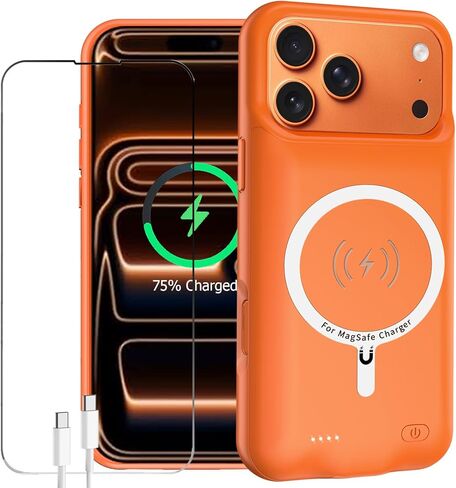 حافظة بطارية لهاتف iPhone 17 Pro، حافظة شحن لاسلكية محمولة محسنة بقدرة 10000 مللي أمبير في الساعة تدعم Carplay متوافقة مع iPhone 17 Pro (6.3 بوصة) مشبك شاحن بطارية ممتد قابل لإعادة الشحن (برتقالي) in Kuwait