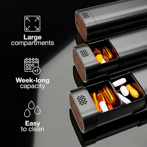 Premium 7-Day Aluminum Pill Organizer – 100% Metal, Real Wood Base, Large Capacity & Sleek Design – Medical-Grade, Travel-Safe, TSA Approved, No Plastic - Black in Saudi Arabia