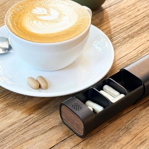 Premium 7-Day Aluminum Pill Organizer – 100% Metal, Real Wood Base, Large Capacity & Sleek Design – Medical-Grade, Travel-Safe, TSA Approved, No Plastic - Black in Saudi Arabia