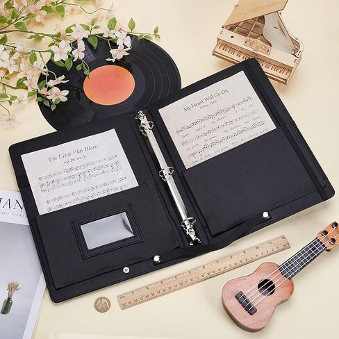 FINGERINSPIRE Sheet Music Folder Black PU Leather Piano Sheet Folder 3 Ring Binder Music Holder with Elastic Band and Handle Rectangle Notebook Binder Organizer for Piano Choral Music Performance in Saudi Arabia