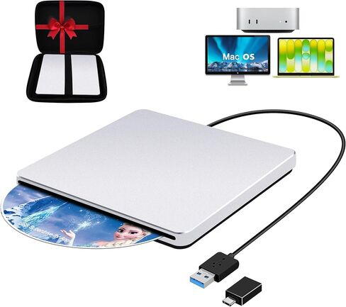Guamar USB 3.0 Superdrive for Apple: External CD Drive for Mac MacBook Plug & Play Portable DVD Player Burner for Laptop PC Windows with USB-C Adapter/Carrying Case - Aluminum Silver in Kuwait