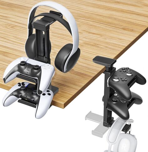Headphone Stand & Hanger for Desk, 2 in 1 Above & Under Desk Gaming Headset Holder Mount with Height Adjustable & Rotating Clamp, Dual-sided Anti-slip Pad Earphone Rack with Clamp Headset Stand in Kuwait