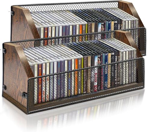 DVD & CD Storage Rack, Blu ray Storage Shelve Holds Up To 28 DVD Cases, Wooden Media Holder also Used for CDs, Video Game, Vhs Taps Storage, Retro Style Desktop organizer in Saudi Arabia