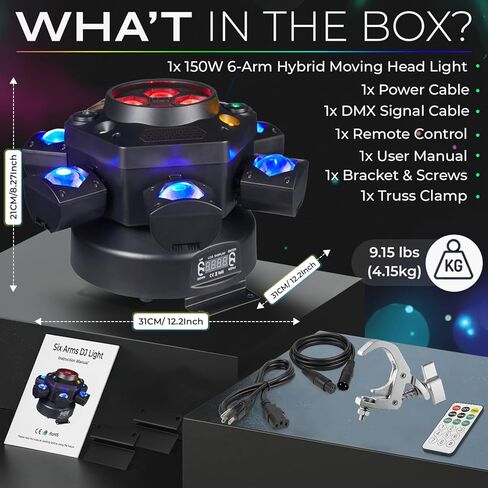 ضوء DJ برأس متحرك 150 وات - شعاع عنكبوت بستة أذرع وغسول عين النحلة هجين + ليزر أحمر/أخضر وستروب كهرماني - DMX512 وجهاز تحكم عن بعد لإضاءة حفلات الزفاف in Kuwait
