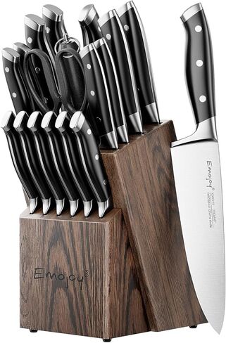 Emojoy Knife Set, 18-Piece Kitchen Knife Set with Block Wooden, Manual Sharpening for Chef Knife Set, German Stainless Steel in Kuwait