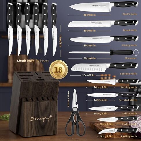 Emojoy Knife Set, 18-Piece Kitchen Knife Set with Block Wooden, Manual Sharpening for Chef Knife Set, German Stainless Steel in Kuwait