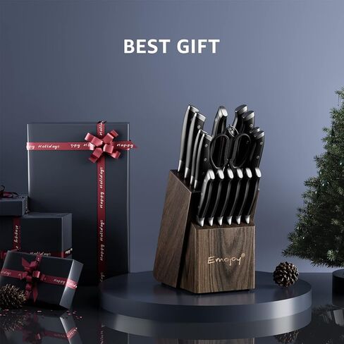 Emojoy Knife Set, 18-Piece Kitchen Knife Set with Block Wooden, Manual Sharpening for Chef Knife Set, German Stainless Steel in Kuwait