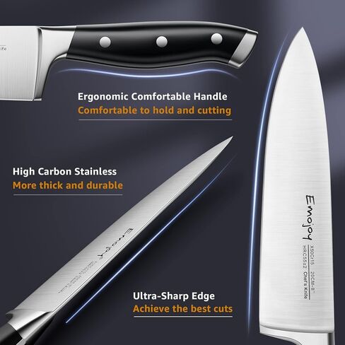 Emojoy Knife Set, 18-Piece Kitchen Knife Set with Block Wooden, Manual Sharpening for Chef Knife Set, German Stainless Steel in Kuwait