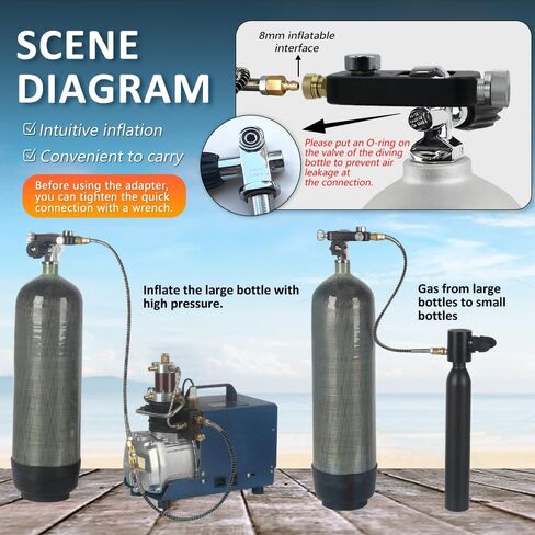 محول DIN Valve Scuba ومحول تعبئة كرات الطلاء PCP، محطة تعبئة كرات الطلاء، أداة إعادة تعبئة أسطوانة الغاز ذات الضغط العالي، ضغط عالي 4500 رطل لكل بوصة مربعة مع خرطوم الهواء in Saudi Arabia