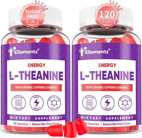 Vegan L-Theanine Gummies 200mg with Caffeine(100mg), Korean Red Ginseng & Ginkgo Biloba- Brain Supplement for Focus, Memory & Energy, Sugar-Free, No Jitters, 120 Counts in Kuwait