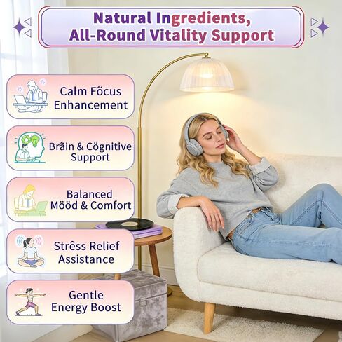 Vegan L-Theanine Gummies 200mg with Caffeine(100mg), Korean Red Ginseng & Ginkgo Biloba- Brain Supplement for Focus, Memory & Energy, Sugar-Free, No Jitters, 120 Counts in Kuwait