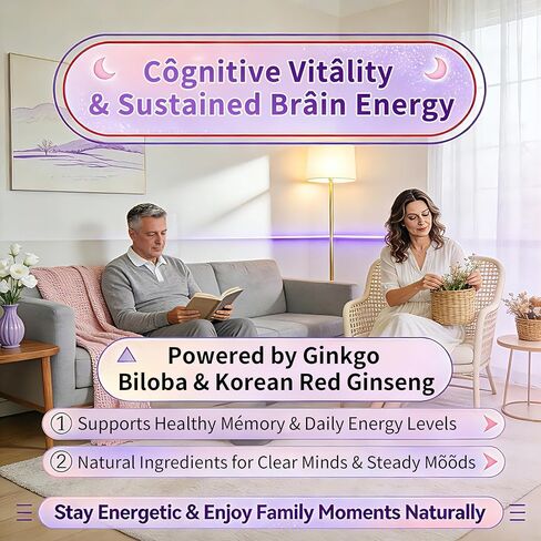 Vegan L-Theanine Gummies 200mg with Caffeine(100mg), Korean Red Ginseng & Ginkgo Biloba- Brain Supplement for Focus, Memory & Energy, Sugar-Free, No Jitters, 120 Counts in Kuwait