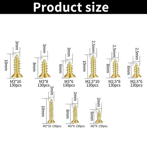 1170 Pcs Mini Screws, M2 M2.5 M3 Small Phillips Flat Head Wood Screwss, Gold Self Tapping Micro Screws for Electronics Sunglasses Eyeglasses Watch Repair Screw Assortment in Saudi Arabia