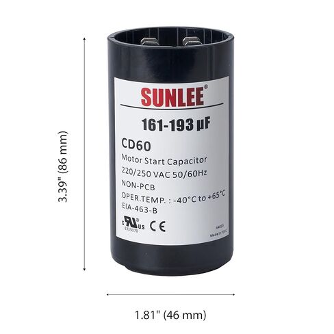 SUNLEE UL معترف به 161-193 فائق التوهج (MFD) 220-250 VAC CD60 مكثف بدء تشغيل المحرك الدائري 50/60 هرتز محرك كهربائي يعمل بالتيار المتردد مناسب عالميًا لتشغيل محرك التيار المتردد أو تشغيل المروحة ومكيف الهواء البارد أو المضخة الحرارية in Kuwait