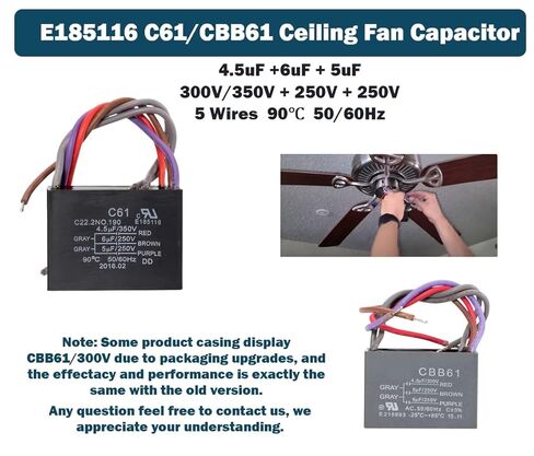 2 قطعة مكثف مروحة السقف C61/CBB61 E185116 4.5 فائق التوهج + 6 فائق التوهج + 5 فائق التوهج 300/350 فولت + 250 فولت + 250 فولت تيار متردد 50/60 هرتز 5 أسلاك قطع غيار الأدوات المنزلية استبدال in Kuwait