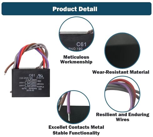 2 قطعة مكثف مروحة السقف C61/CBB61 E185116 4.5 فائق التوهج + 6 فائق التوهج + 5 فائق التوهج 300/350 فولت + 250 فولت + 250 فولت تيار متردد 50/60 هرتز 5 أسلاك قطع غيار الأدوات المنزلية استبدال in Kuwait