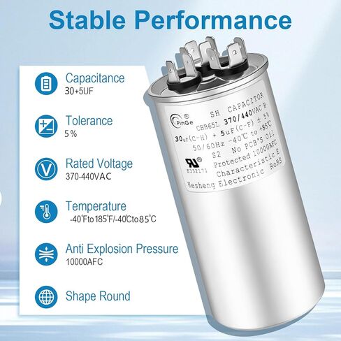 30+5 uF 30/5 MFD ±5% 370V/440VAC CBB65 Dual Run Start Round UL Listed AC Capacitor for Fan Motor Start or Heat Pump or Condenser Straight Cool(30+5uF) in Kuwait