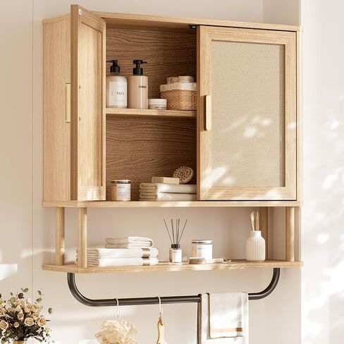 خزانة تخزين جدارية للحمام من إنود، خزانة طبية مع رف وأبواب خشبية قابلة للتعديل، خزانة تخزين فوق المرحاض لغرفة الغسيل وغرفة المعيشة وجزر تخزين المطبخ (بلوط طبيعي) in Kuwait