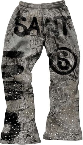RoseSeek Men's Letter Graphic Sweatpants Elastic High Waisted Wide Leg Pants Streetwear Grunge Punk Outfits in Saudi Arabia