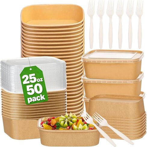 50 عبوة 29 أوقية قابلة للتخلص من الأوعية الورقية Kraft 【مع الأغطية والشوك】 ، حاويات الإعدادية وجبة الورق المقوى ، حاويات طعام مقاومة للتسرب ، وعاء تقديم الحساء للأطعمة الساخنة/الباردة آمنة in Kuwait