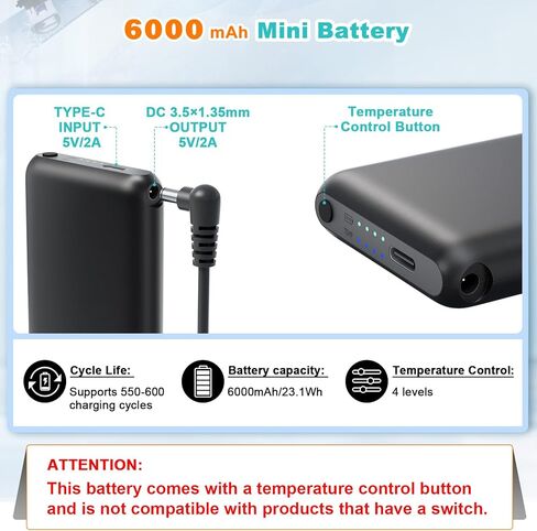 حزمة بطارية قفازات ساخنة RTDEP 5 فولت 6000 مللي أمبير في الساعة، 4 مستويات تسخين، بطاريات للجوارب الساخنة، النعال، مخرج تيار مستمر، بطارية قابلة لإعادة الشحن للنعال الحرارية - زوج واحد in Kuwait