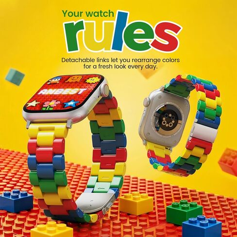 سوار ساعة بتصميم كتلة البناء متوافق مع ساعة Apple 38 مم 40 مم 41 مم 42 مم، سوار رابط من الراتنج الملون مع موصلات من الفولاذ المقاوم للصدأ، حزام معصم قابل للتعديل DIY لسلسلة iWatch 10/9/8/7/6/5/4/3/2/1/SE in Kuwait