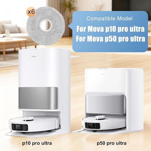 6 قطع استبدال وسادات ممسحة P10 Pro/ P50 Pro لـ Mova V50 Ultra/P50 Pro Ultra/P10 Ultra/P10 Pro Ultra Robot Vacuum Cleaner - أقمشة تنظيف من الألياف الدقيقة قابلة للغسل وقابلة لإعادة الاستخدام in Kuwait