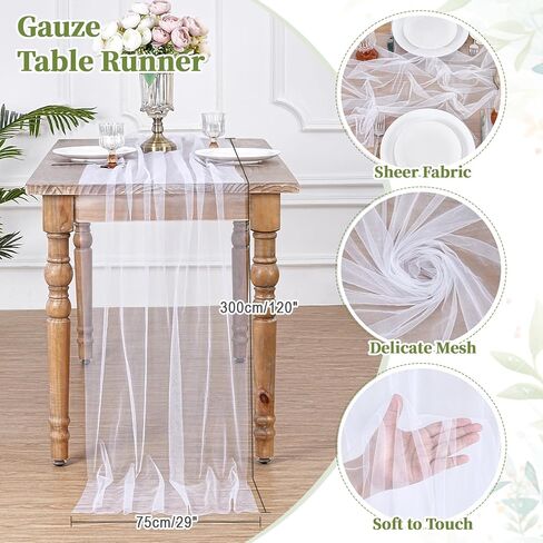 Gauze Table Runner White 120 Inch 10ft Tulle Fabric Seasonal Sheer Kitchen Dining Centerpieces Wedding Birthday Holiday Baby Shower Table Decor for Home Party in Kuwait