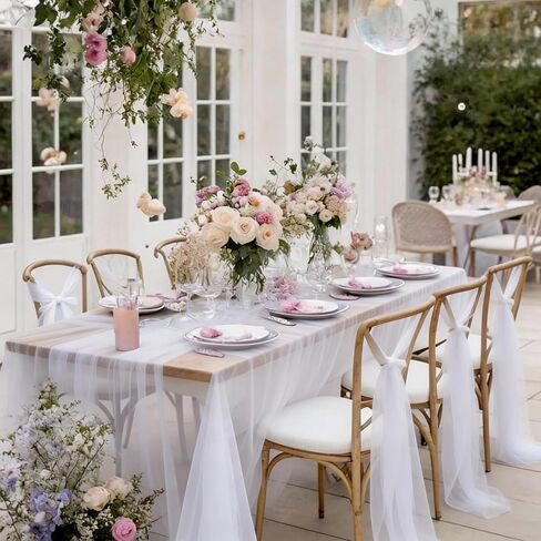 Gauze Table Runner White 120 Inch 10ft Tulle Fabric Seasonal Sheer Kitchen Dining Centerpieces Wedding Birthday Holiday Baby Shower Table Decor for Home Party in Kuwait