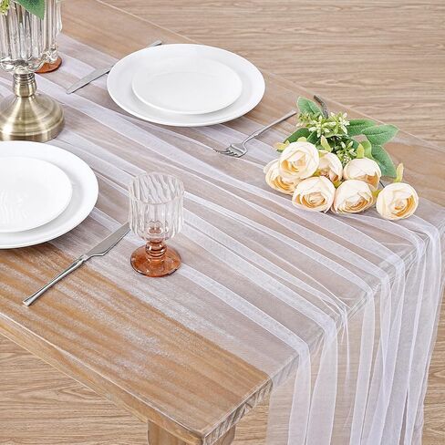 Gauze Table Runner White 120 Inch 10ft Tulle Fabric Seasonal Sheer Kitchen Dining Centerpieces Wedding Birthday Holiday Baby Shower Table Decor for Home Party in Kuwait
