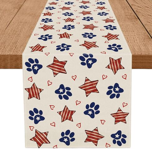4th of July Table Runner Dog Paw Stars Heart Memorial Day Independence Day Patriotic Decorations Kitchen Dining Table Home Decor 13x72 Inch in Saudi Arabia