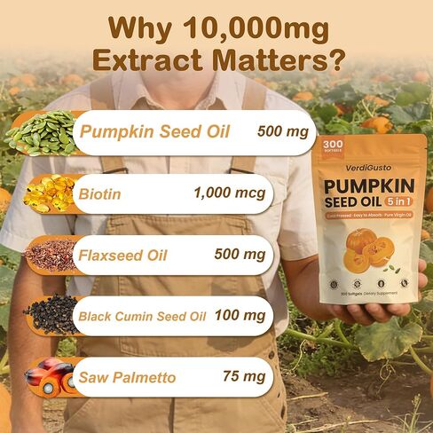Pumpkin Seed Oil 10,000mg Extract 500mg Active | 300 Softgels | Saw Palmetto, Flaxseed Oil, Black Cumin Seed Oil & Biotin | Cold Pressed, Supports Hair & Prostate Wellness, Non-GMO, Gluten-Free in Kuwait