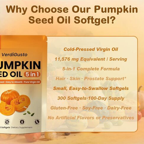 Pumpkin Seed Oil 10,000mg Extract 500mg Active | 300 Softgels | Saw Palmetto, Flaxseed Oil, Black Cumin Seed Oil & Biotin | Cold Pressed, Supports Hair & Prostate Wellness, Non-GMO, Gluten-Free in Kuwait