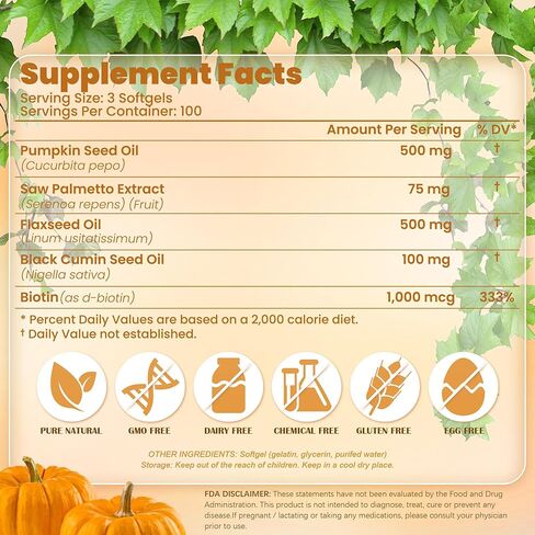 Pumpkin Seed Oil 10,000mg Extract 500mg Active | 300 Softgels | Saw Palmetto, Flaxseed Oil, Black Cumin Seed Oil & Biotin | Cold Pressed, Supports Hair & Prostate Wellness, Non-GMO, Gluten-Free in Kuwait