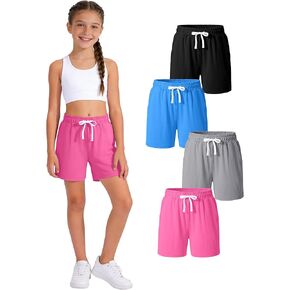 HASMES 4 Pack Girls Athletic Shorts Drawstring Quick Dry Basketball Soccer Running Shorts with Pockets in Kuwait