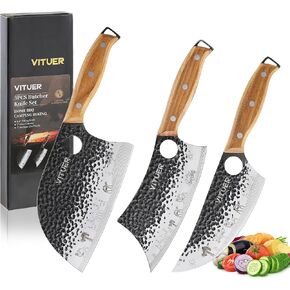 3PCS Butcher Knife Set, Hand Forged 7" Butcher Meat Cleaver, 7" Serbian Chef and 6.5" Viking Knife, Great for Indoor & Outdoor (Stylish Pattern Design) in Kuwait