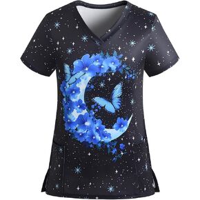 Scrub Tops for Women Stretchy Short Sleeve Cute Vneck Printed Working Uniforms Holiday Nursing Shirt with 2 Pockets in Kuwait