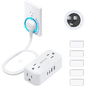 TROND 360° Rotating Flat Plug Short Extension Cord 3FT - Low Profile Power Strip Mountable, 4 AC 4 USB, 900J, 13A/1625W, Compact for Tight Spaces Hard Reach Outlet in Bedroom Home Office Dorm, White in Kuwait
