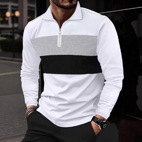 Men's Color Block Half Zip Polo Collar Long Sleeve Sweatshirt Perfect for Casual Wear and Business Casual Outfits (White,Small) in Kuwait