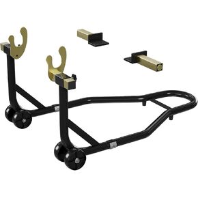 رفع حامل الدراجة النارية - رفع العجلات الأمامية والخلفية شديدة التحمل بوزن 450 رطلاً، يناسب معظم الدراجات للصيانة والإصلاح والتخزين، مع وسادات وبكرات مضادة للانزلاق، أسود in Kuwait