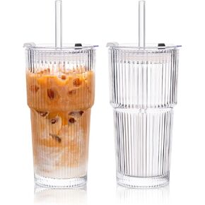 KEMORELA 2-Pack 20 oz Ribbed Glass Tumblers with Lids and Glass Straws – Vintage Iced Coffee Cups, Reusable Smoothie & Cocktail Drinking Glasses, Clear Glassware for Home or Cafe in Saudi Arabia