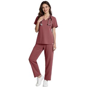 Scrubs for Women, V-Neck Slit Top & Straight Pants, Professional Medical Scrubs for Women Set with 9 Pockets in Saudi Arabia