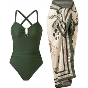 Women's One Piece Swimsuit with Cover Up Set Retro Bathing Suit with Tummy Control Beach Wrap Skirt in Saudi Arabia