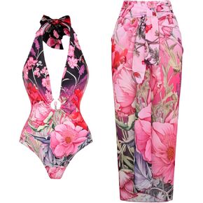 FLAXMAKER Women's Lace-up Neck Deep V Neck Strapless Printed One-Piece Swimsuit and Sarong/Skirt in Kuwait