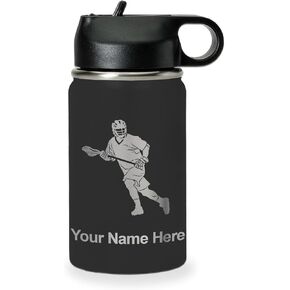 LaserGram Personalized Water Bottle, Lacrosse Player Man, Stainless Steel Double Wall Vacuum Insulated with Flip Top Straw, Custom Engraved Gift (20oz / 590ml Black) in Kuwait