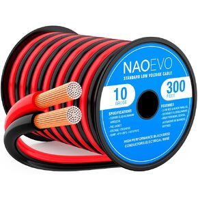 سلك NAOEVO 10 قياس 50 قدم، 2 موصلات سلك كهربائي كابل أحمر أسود، مرن/جهد منخفض/PVC 10 AWG سلك تمديد من الألومنيوم المطلي بالنحاس لمكبر الصوت، شرائط LED، السيارات 12 فولت/24 فولت تيار مستمر in Kuwait